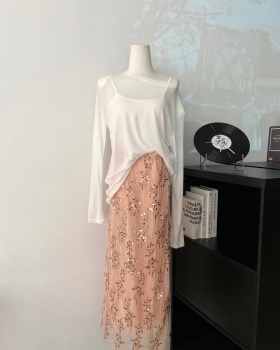 Colors white long skirt sequins thin T-shirt 2pcs set