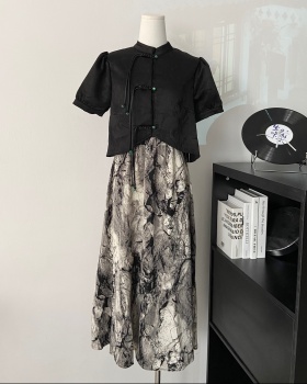 Chiffon summer ink Chinese style short sleeve skirt a set