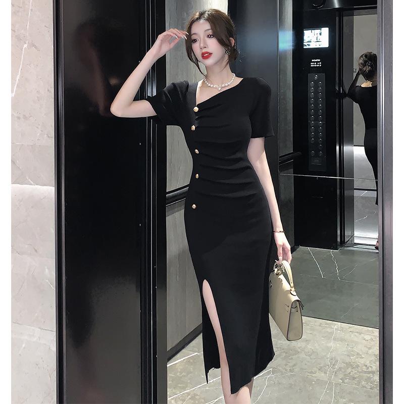 Knitted Chinese style asymmetry oblique collar dress