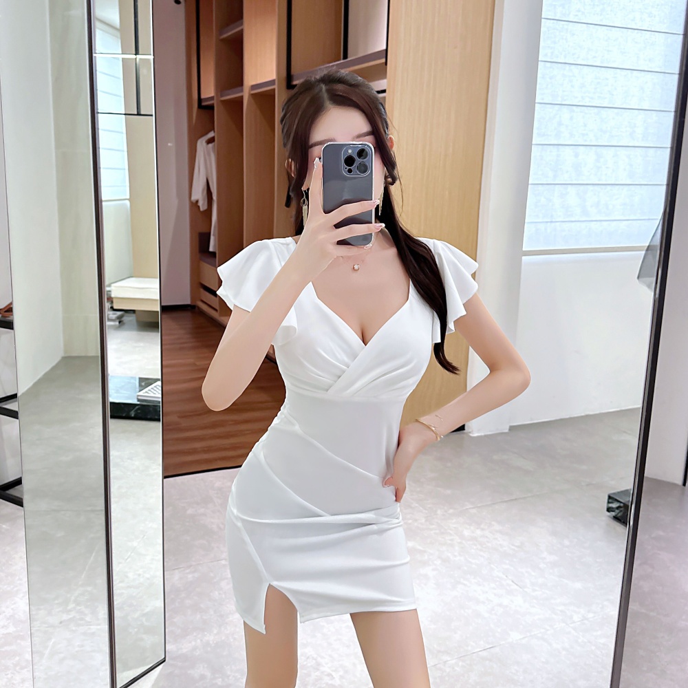 Sexy boats sleeve bottoming gauze fold dress