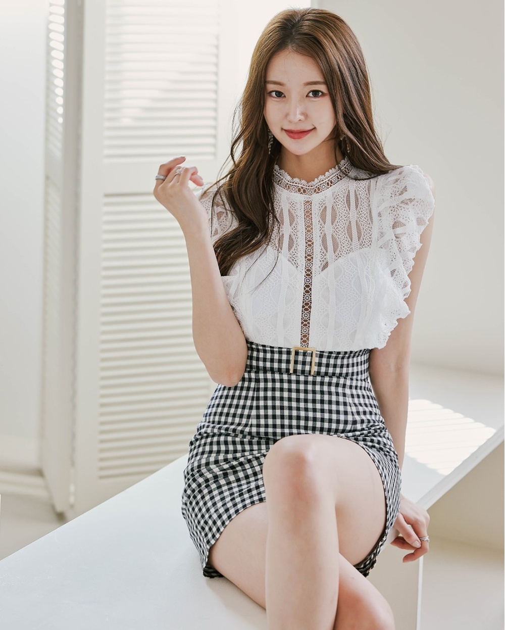 Small plaid lace summer package hip side buckle dress