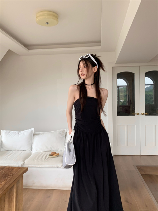 Slim black long dress wrapped chest summer dress