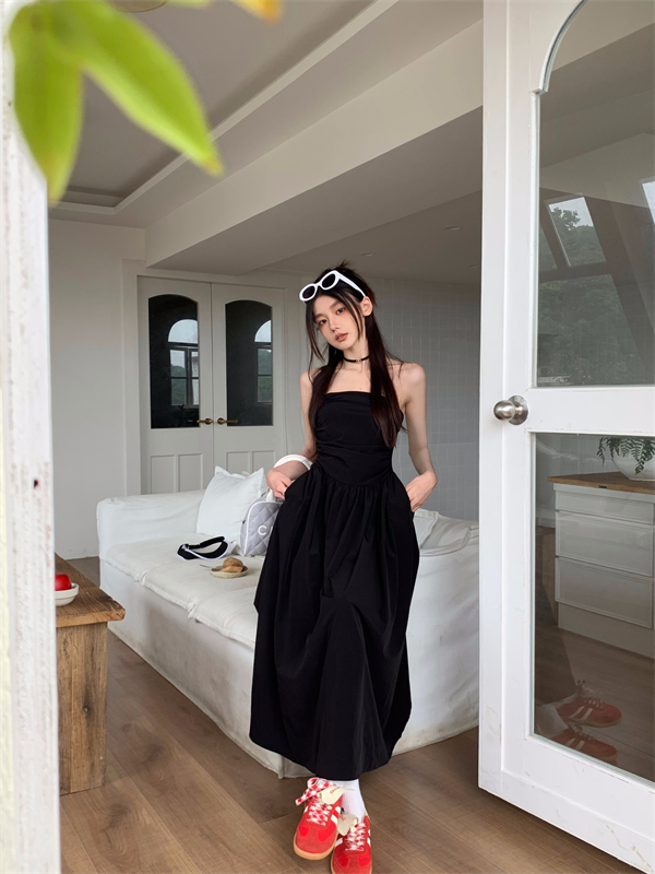 Slim black long dress wrapped chest summer dress