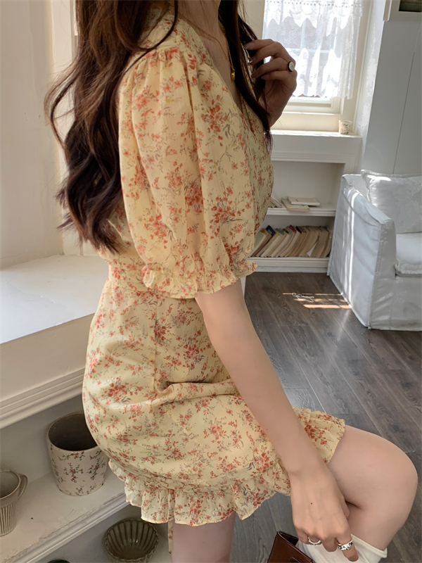 Floral unique V-neck puff sleeve sexy dress