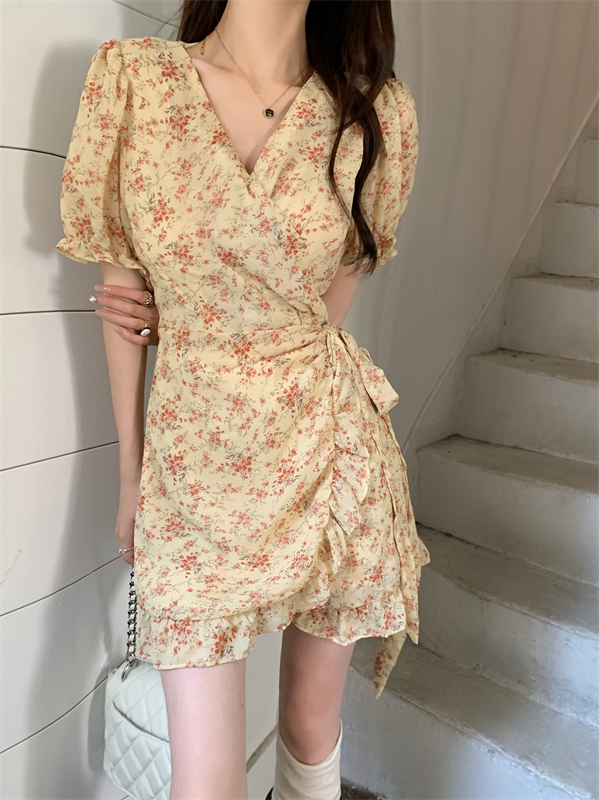 Floral unique V-neck puff sleeve sexy dress