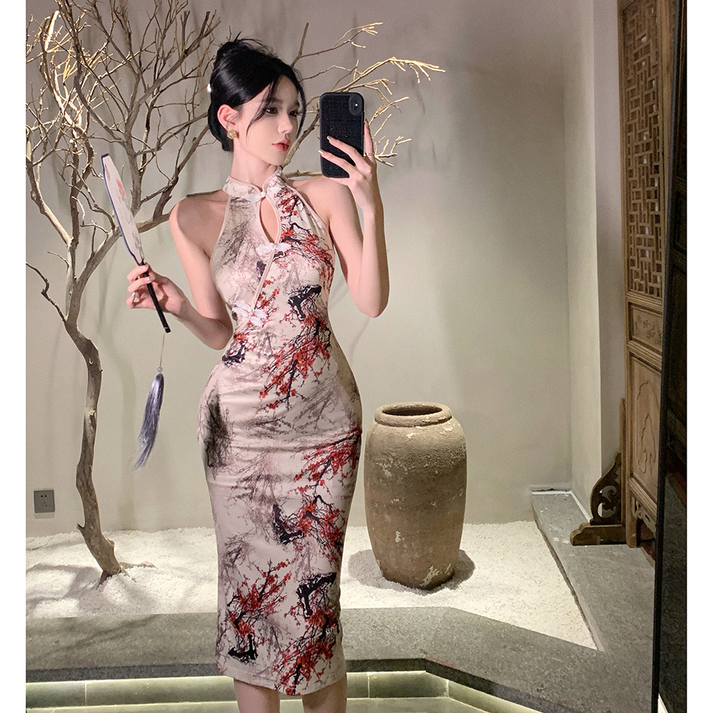 Slim halter cheongsam long maiden dress for women