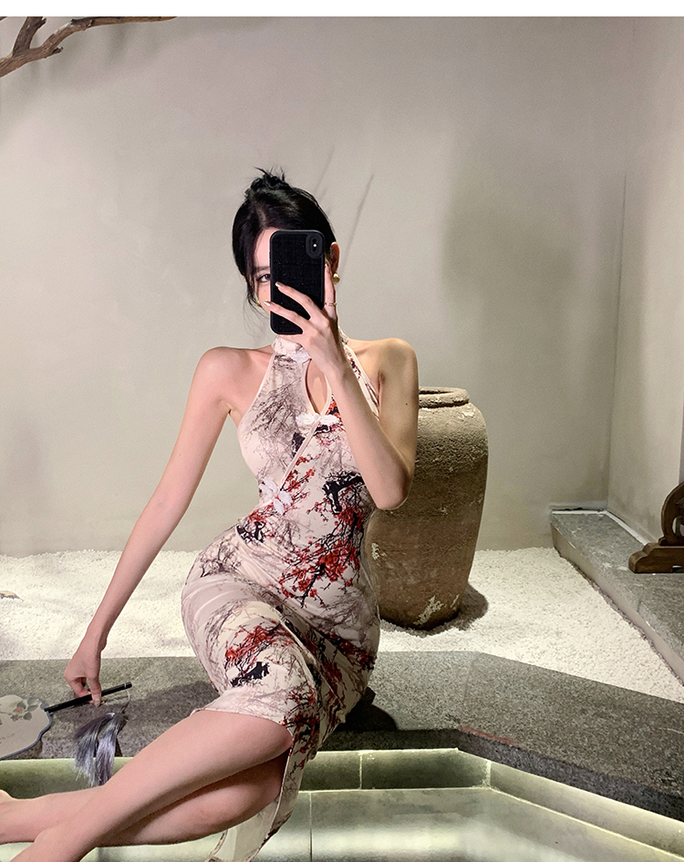 Slim halter cheongsam long maiden dress for women