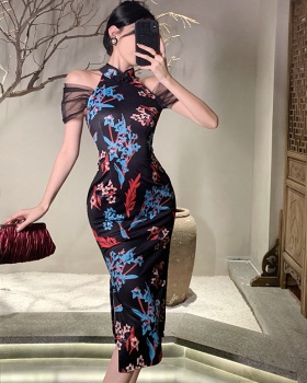 Fashion long sexy cheongsam split gauze dress