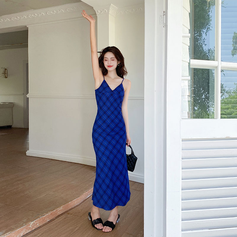 Retro plaid V-neck dress sexy blue strap dress for women