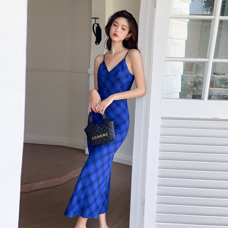 Retro plaid V-neck dress sexy blue strap dress for women