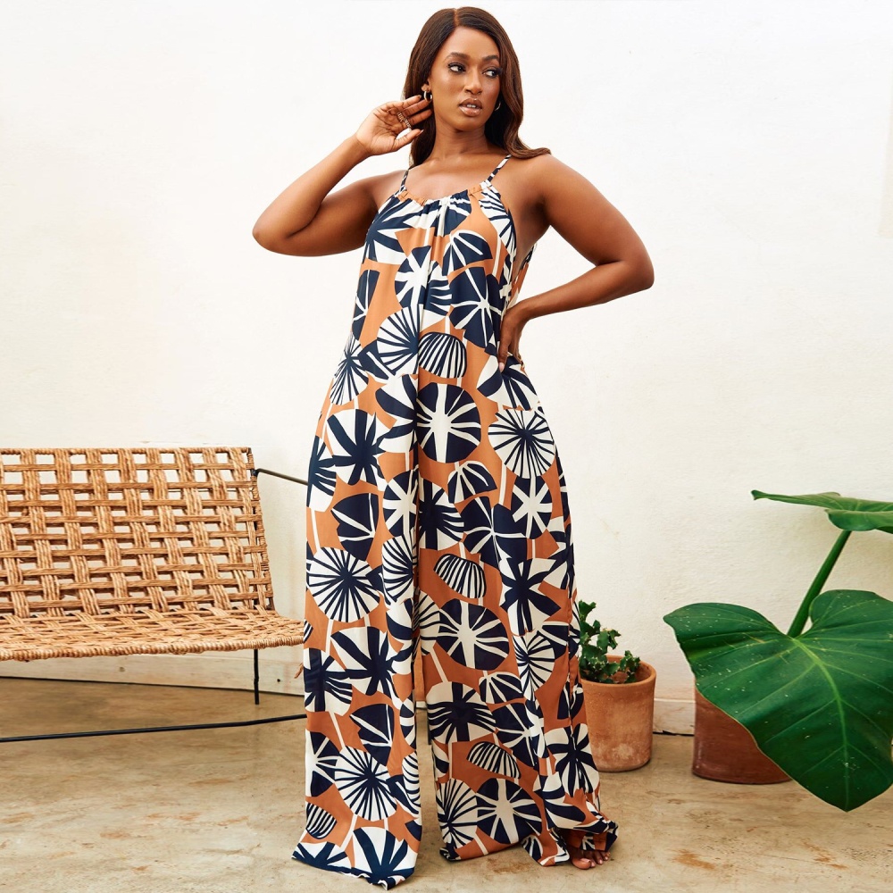 Wide leg slim large yard sexy sling printing jumpsuit