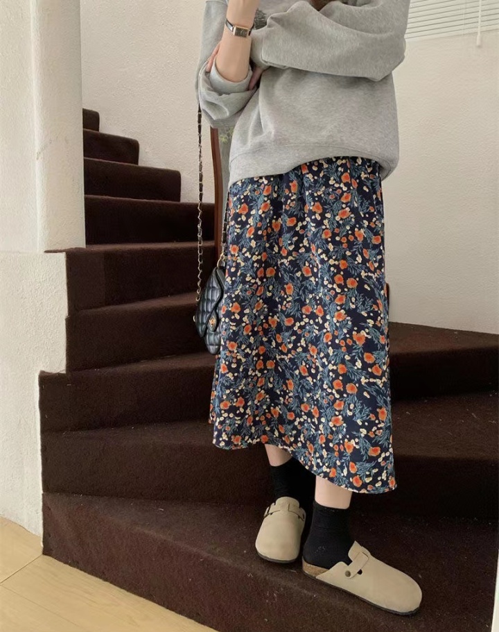 Elastic autumn and winter all-match floral skirt