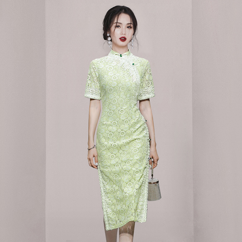 Summer lace dress cstand collar retro cheongsam