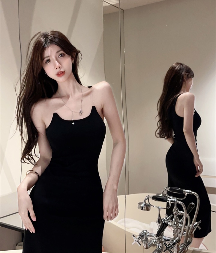 Shoulder strap black dress invisible long dress