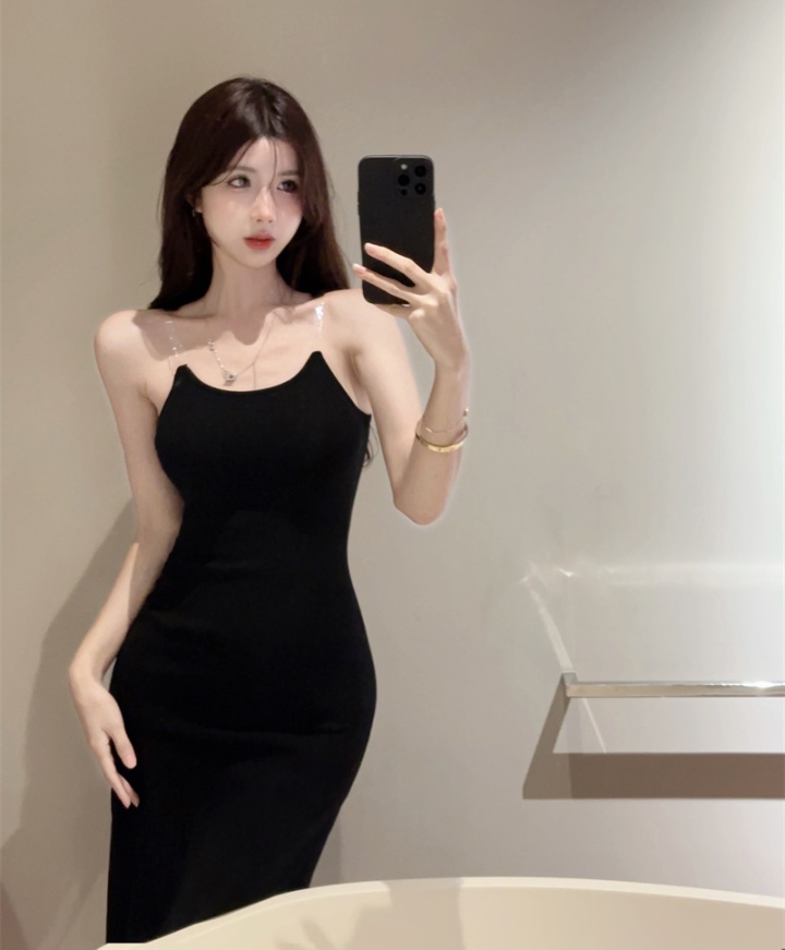 Shoulder strap black dress invisible long dress