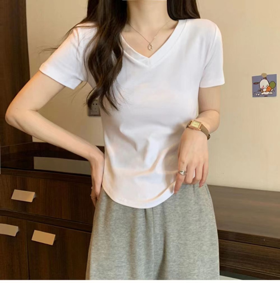 Cotton short sleeve slim V-neck T-shirt for women