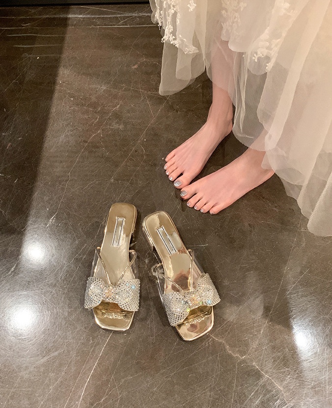 Transparent bow flat square head slippers for women