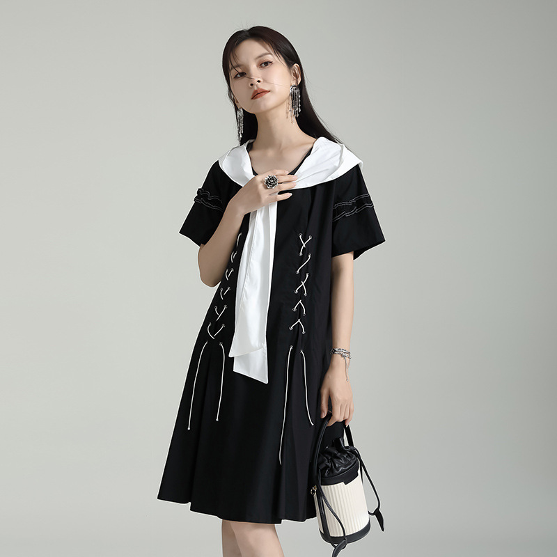 Summer black-white retro navy collar dress