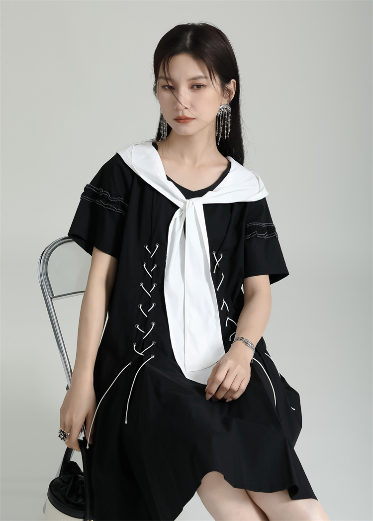 Summer black-white retro navy collar dress
