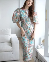 Printing Korean style long temperament organza dress