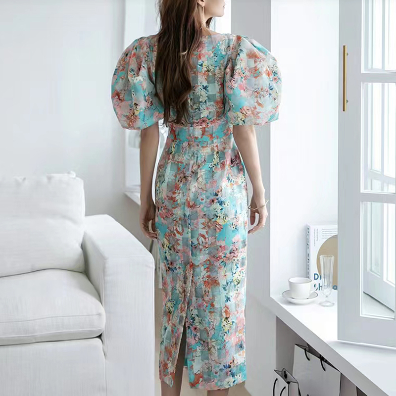 Printing Korean style long temperament organza dress