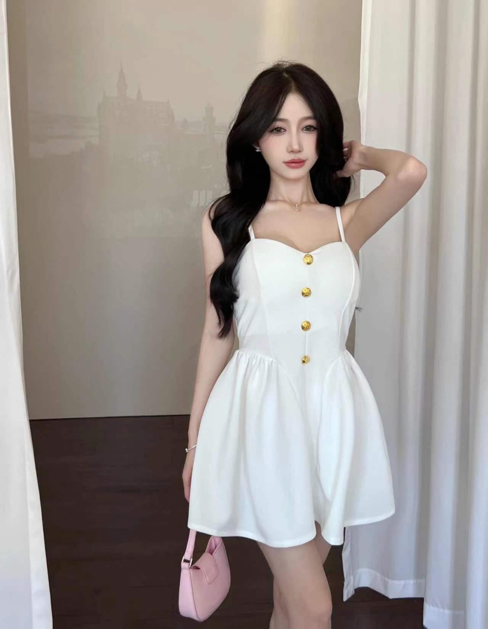 White pinched waist pleated ballet sling dress