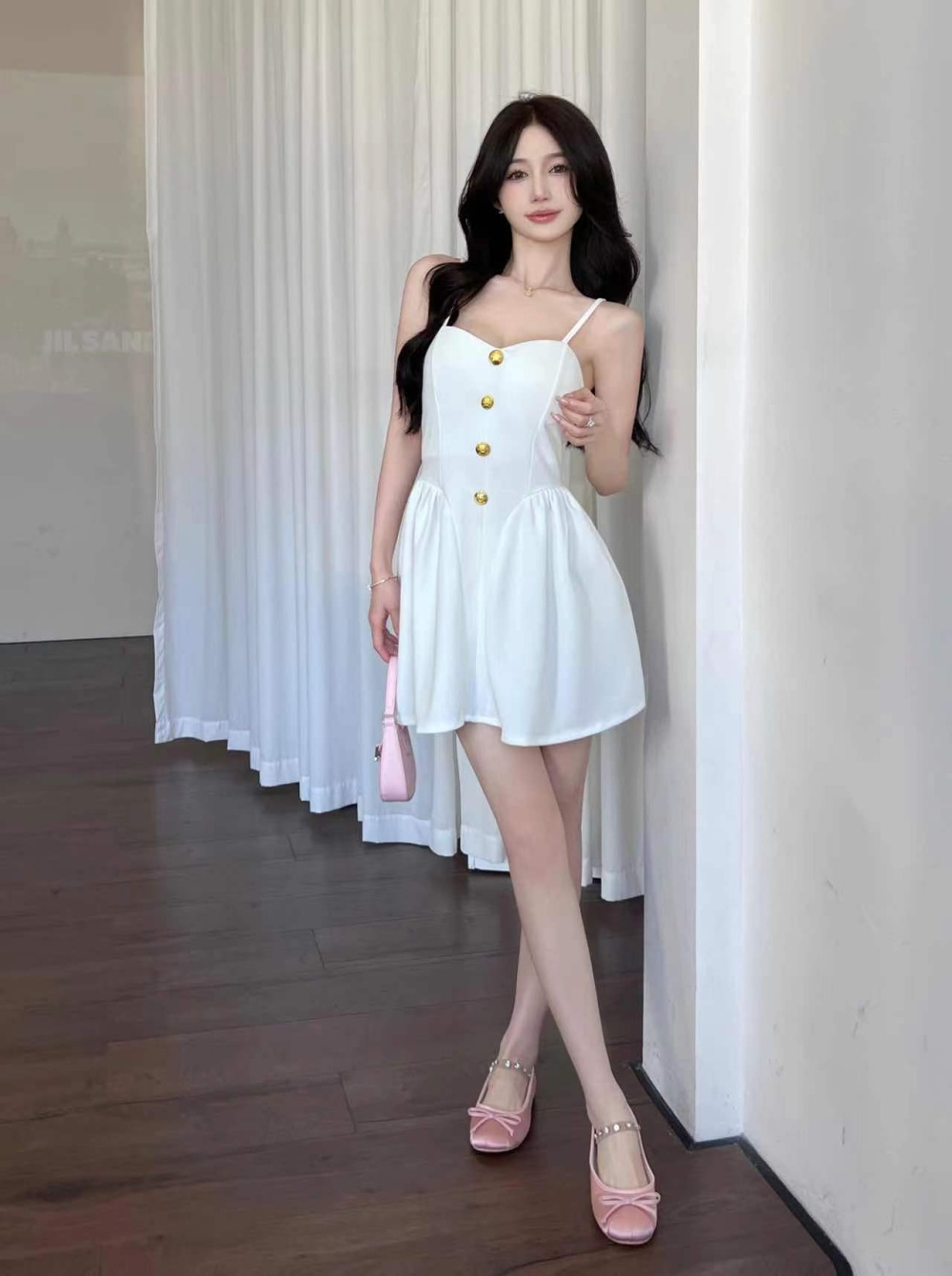 White pinched waist pleated ballet sling dress