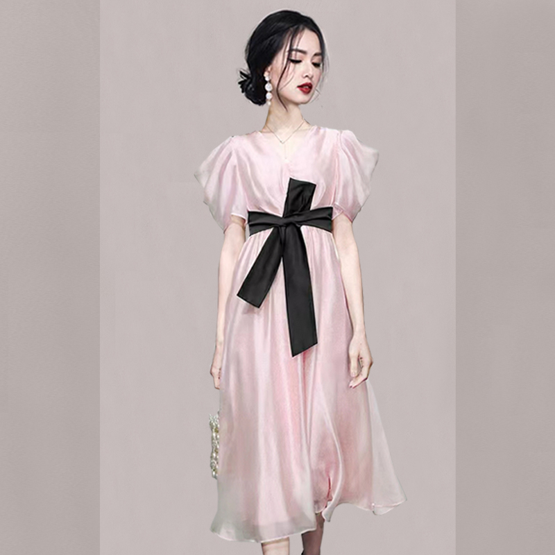 Puff sleeve chiffon V-neck Korean style slim dress