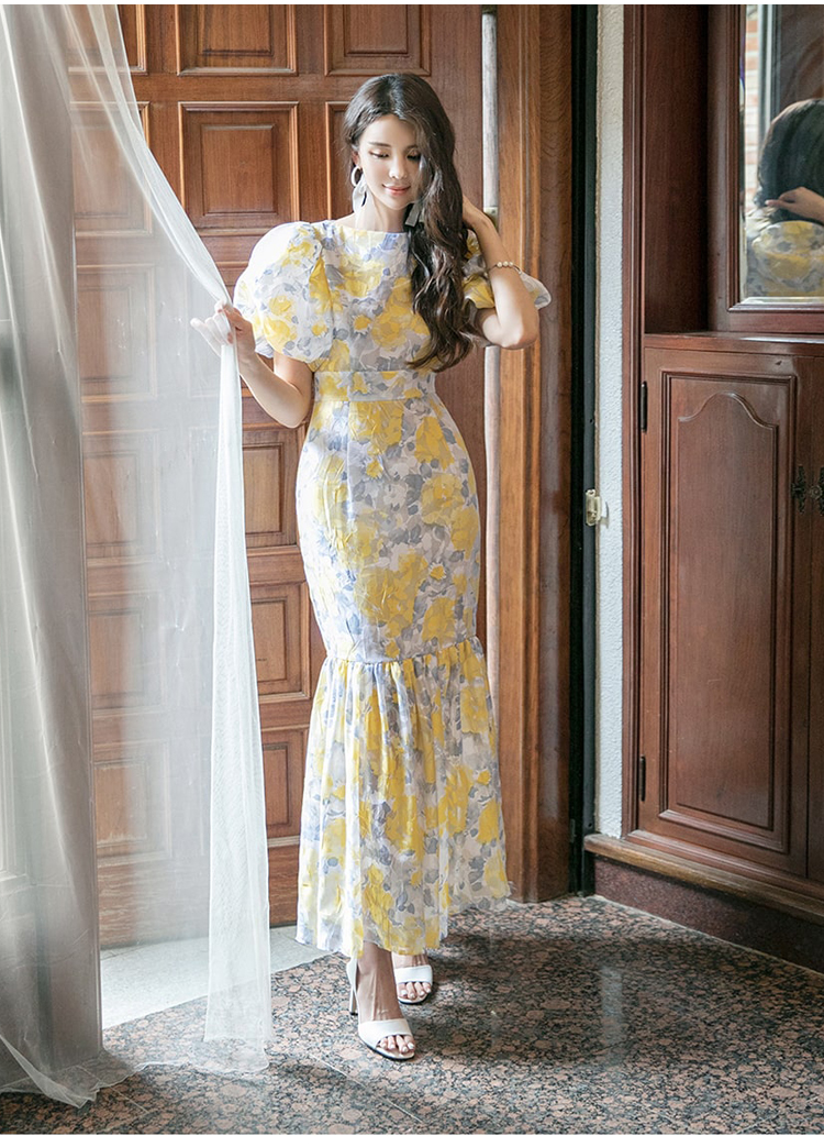 Slim floral elegant retro Korean style fashion printing dress