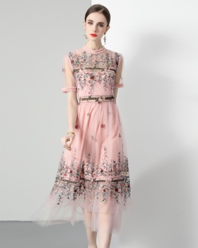 Lace gauze short sleeve romantic summer big skirt dress