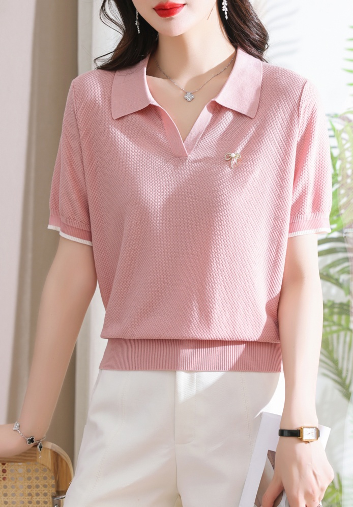 Short sleeve summer sweater lapel light tops for women