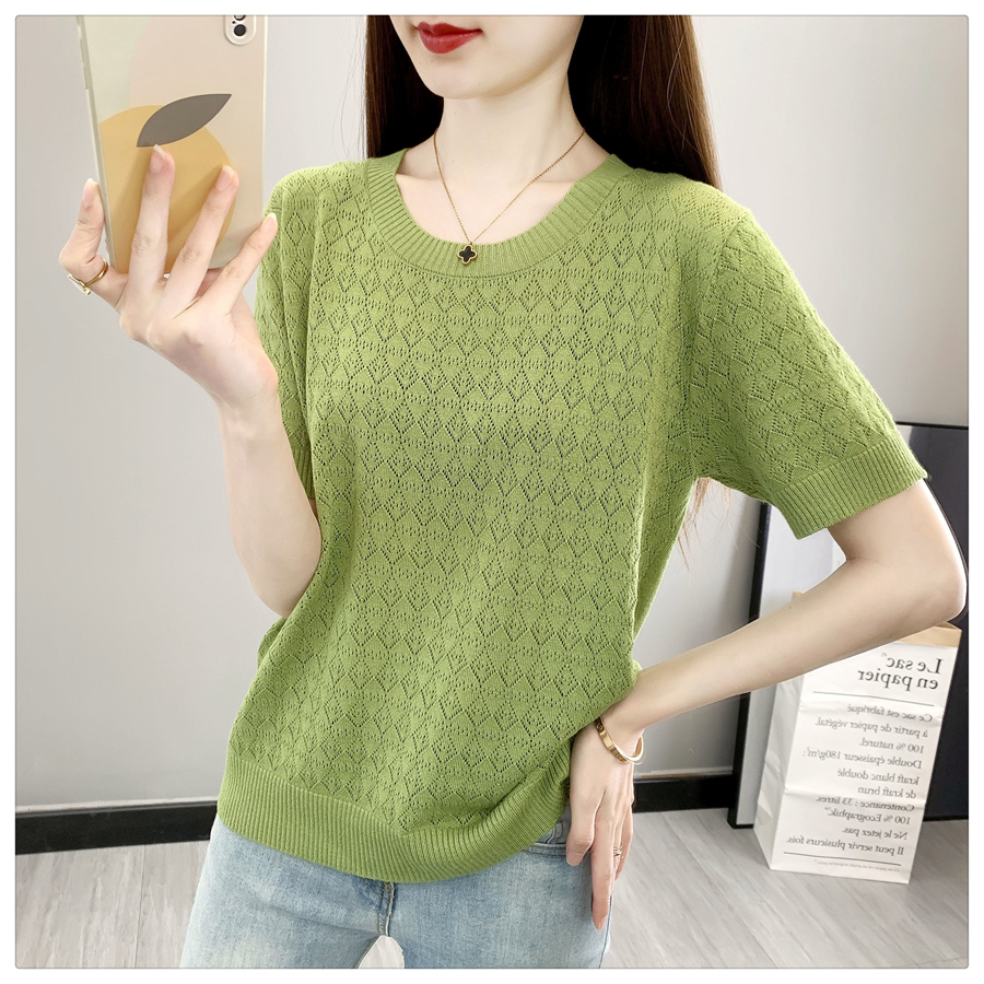 Short sleeve ice silk T-shirt knitted tops for women