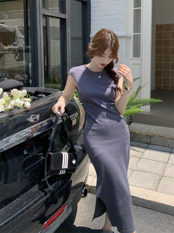 Temperament package hip knitted dress summer gray long dress