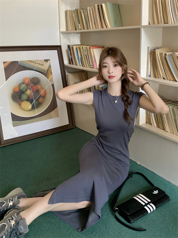 Temperament package hip knitted dress summer gray long dress