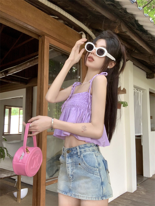 Small purple tether doll shirt Korean style wavy edge tops