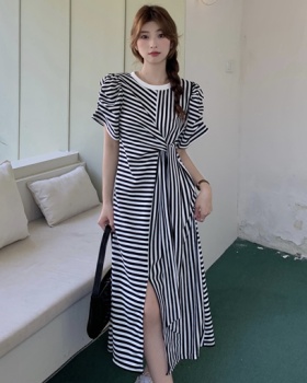 Stripe summer pinched waist frenum temperament dress