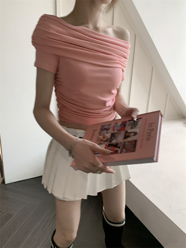 Pink summer fold tops flat shoulder unique T-shirt