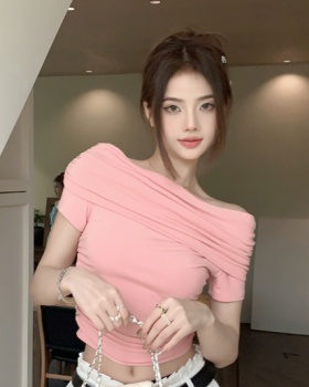 Pink summer fold tops flat shoulder unique T-shirt