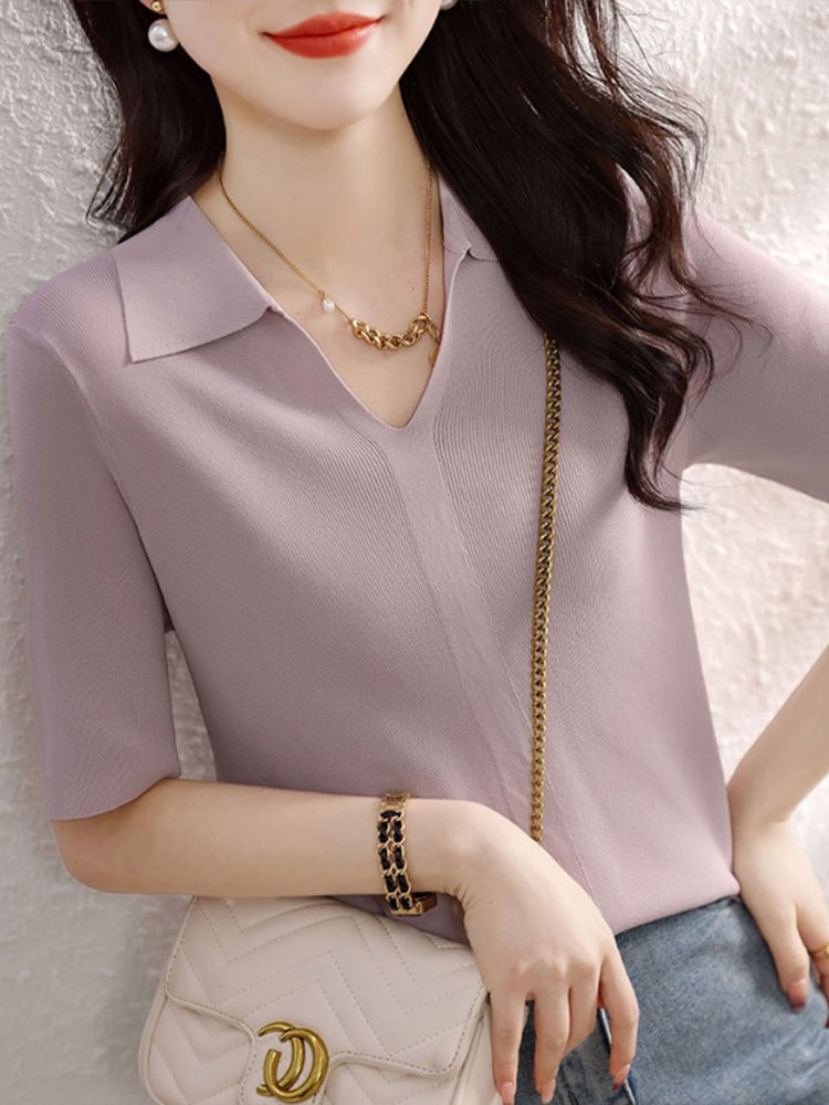 Summer ice silk sweater purple slim tops for women