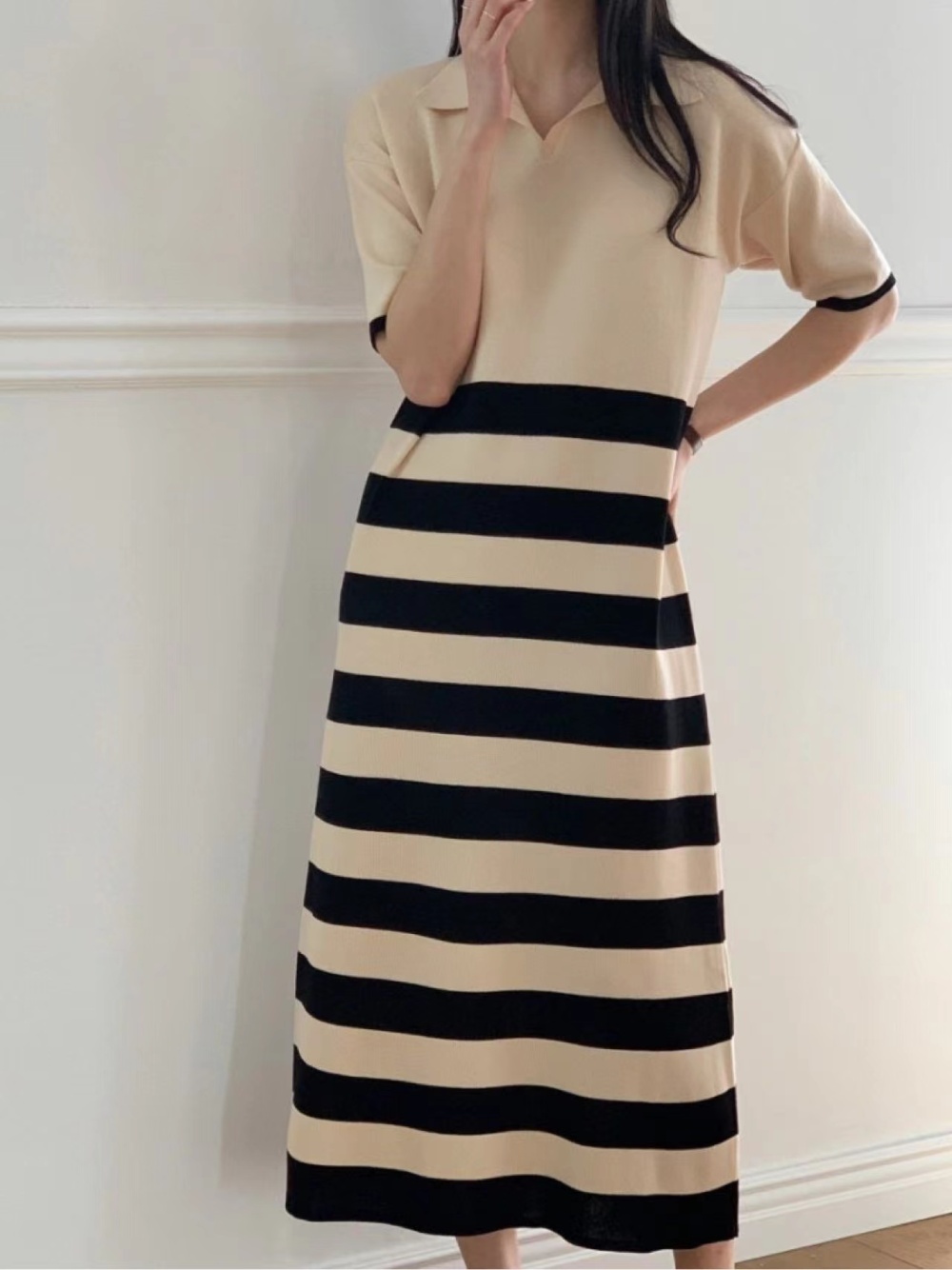 Splice round neck stripe pure summer dress