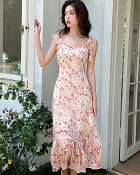 High waist sling floral printing long summer dress