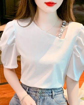 Korean style oblique collar tops splice summer T-shirt