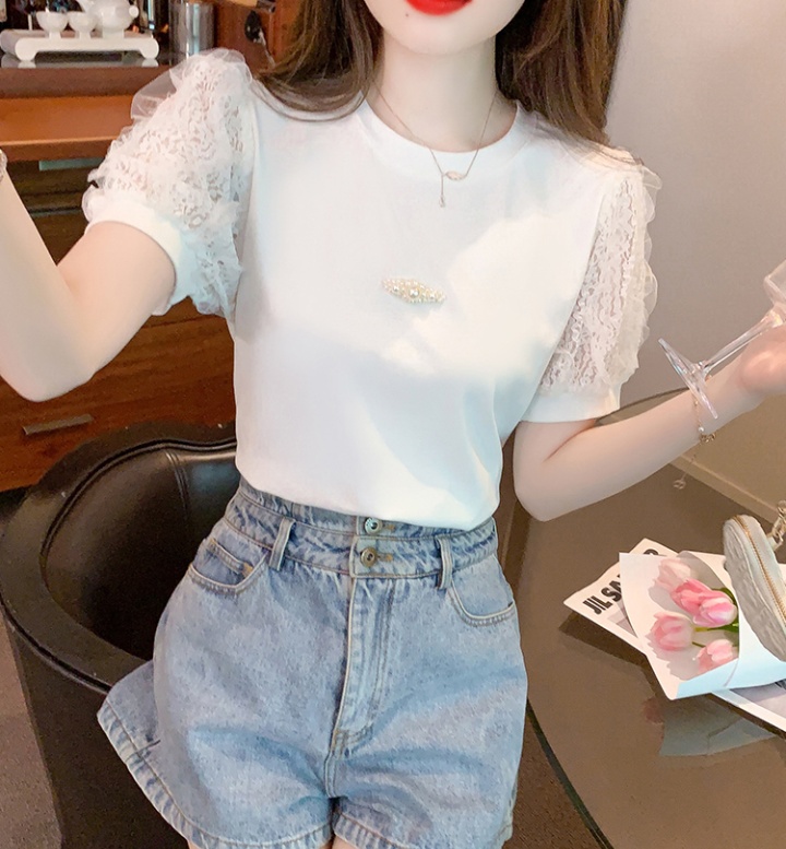 Summer splice round neck T-shirt lace Korean style all-match tops