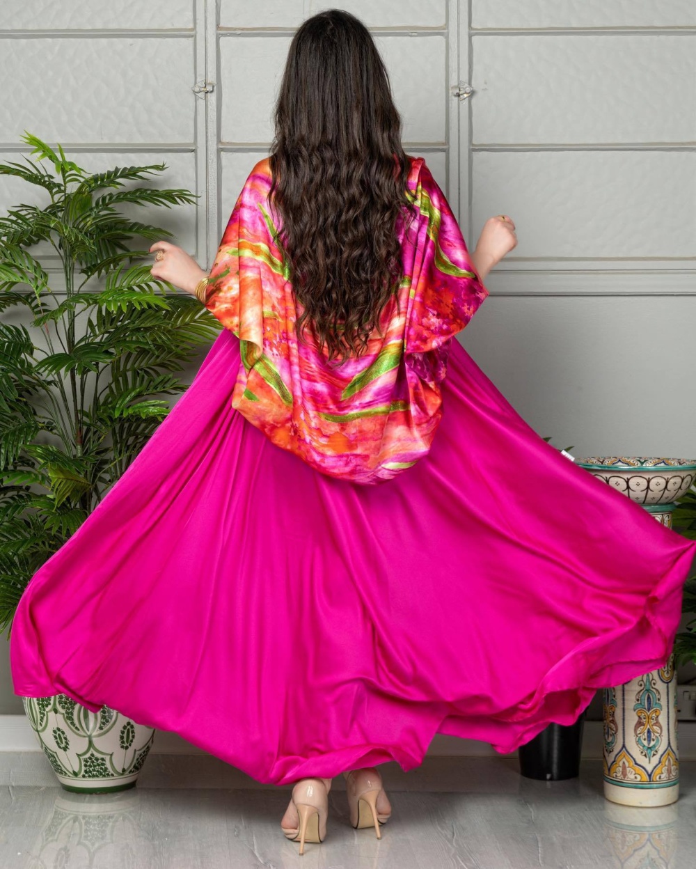Spring and summer shawl printing formal dress 2pcs set