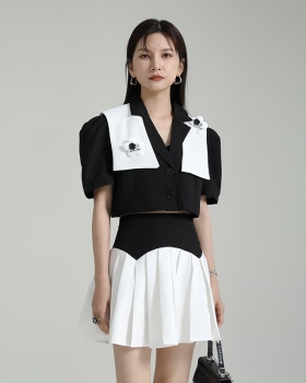 Navy collar skirt summer shawl 2pcs set for women