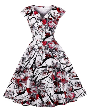 Big skirt printing ink cross V-neck dress