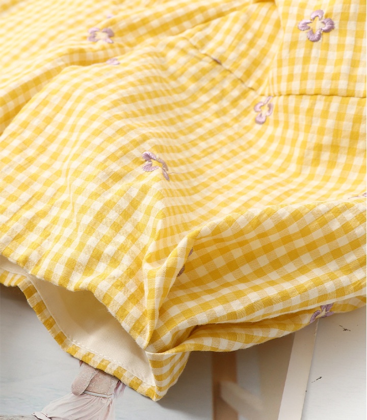 Yellow embroidery halter plaid slim dress
