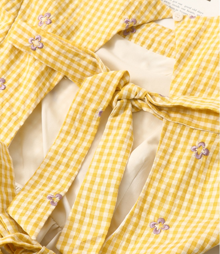 Yellow embroidery halter plaid slim dress