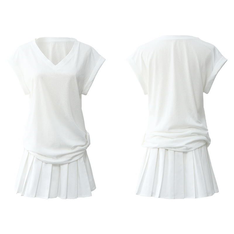 V-neck pleated tops fashion T-shirt a set for women