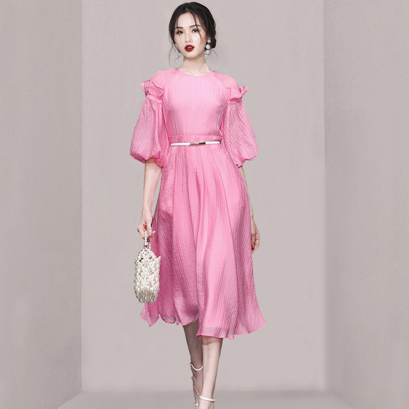 Lady pinched waist long dress pink slim dress for women